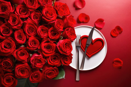 Valentines day table place setting with red roses and white plate on dark background. Copy space. Generative AIの素材