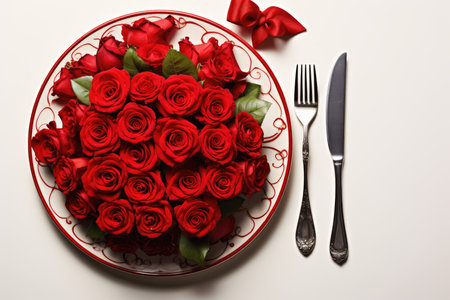 Valentines day table place setting with red roses and white plate on dark background. Copy space. Generative AIの素材