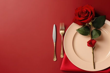 Valentines day table place setting with red roses and white plate on dark background. Copy space. Generative AIの素材
