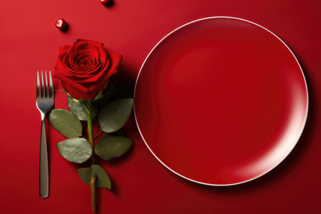 Valentines day table place setting with red roses and white plate on dark background. Copy space. Generative AIの素材
