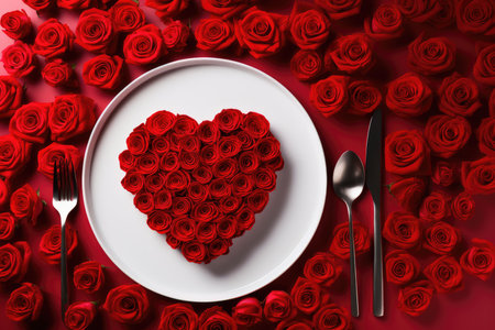 Valentines day table place setting with red roses and white plate on dark background. Copy space. Generative AIの素材