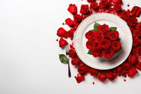Valentines day table place setting with red roses and white plate on dark background. Copy space. Generative AIの素材