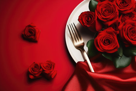 Valentines day table place setting with red roses and white plate on dark background. Copy space. Generative AIの素材