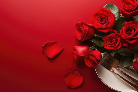 Valentines day table place setting with red roses and white plate on dark background. Copy space. Generative AIの素材