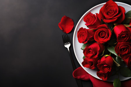Valentines day table place setting with red roses and white plate on dark background. Copy space. Generative AIの素材