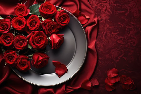 Valentines day table place setting with red roses and white plate on dark background. Copy space. Generative AIの素材