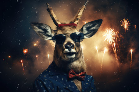 Portrait deer with sunglasses celebrating Christmas night. Generative AIの素材