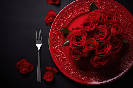 Valentines day table place setting with red roses and white plate on dark background. Copy space. Generative AIの素材