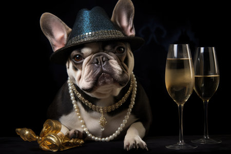 Bulldog with an elegant hat drinking champagne on New Year's Eve party. Generative AI.の素材