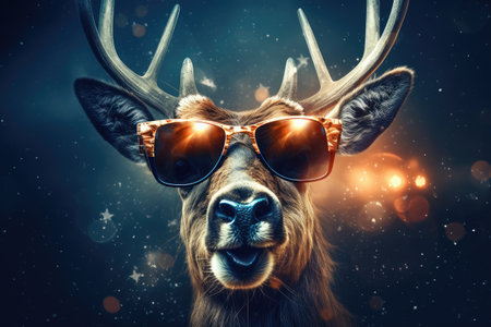 Portrait deer with sunglasses celebrating Christmas night. Generative AIの素材