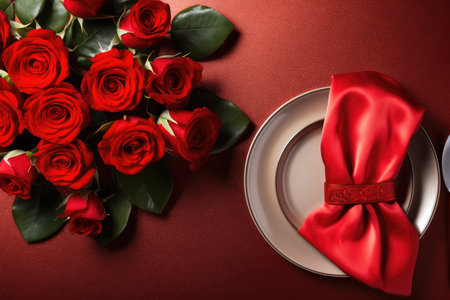 Valentines day table place setting with red roses and white plate on dark background. Copy space. Generative AIの素材