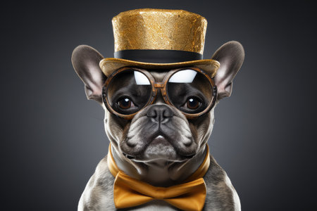 Portrait of an elegant Bulldog with a hat on a dark background. Generative AI.の素材