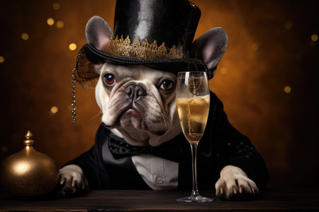 Bulldog with an elegant hat drinking champagne on New Year's Eve party. Generative AI.の素材