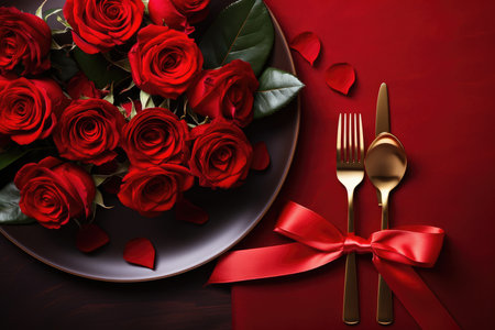 Valentines day table place setting with red roses and white plate on dark background. Copy space. Generative AIの素材
