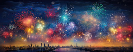 Celebration with fireworks on the dark sky. Color explosion. Generative AIの素材