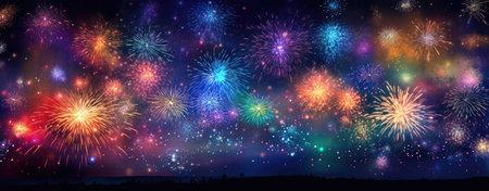 Celebration with fireworks on the dark sky. Color explosion. Generative AIの素材