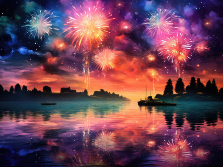 Celebration with fireworks on the dark sky. Color explosion. Generative AIの素材