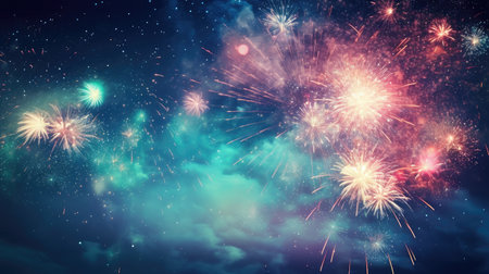 Celebration with fireworks on the dark sky. Color explosion. Generative AIの素材
