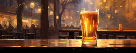 Large Oktoberfest beer in a mug on a wooden table, panoramic view by Generative AIの素材