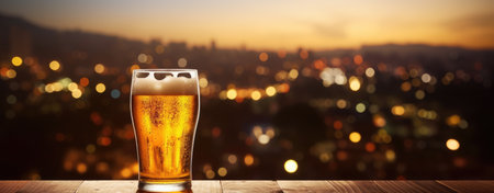 Large Oktoberfest beer in a mug on a wooden table, panoramic view by Generative AIの素材