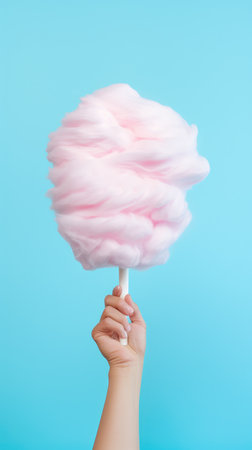 Handheld Delight: Whimsical Pink Cotton Candy Against a Serene Blue Sky by Generative AIの素材