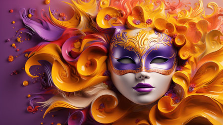 Opulent Golden Masquerade Mask Adorned with Purple Feathers and Gems by Generative AIの素材