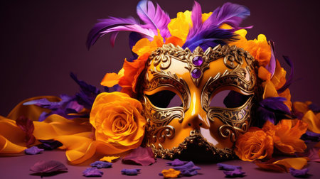 Opulent Masquerade: A Carnival of Vivid Feathers and Golden Mystique by Generative AIの素材