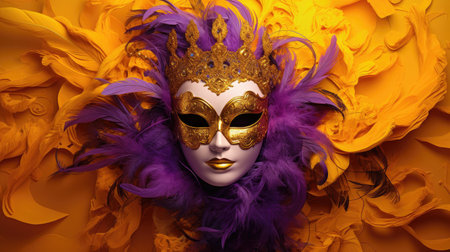 Opulent Golden Masquerade Mask Adorned with Purple Feathers and Gems by Generative AIの素材