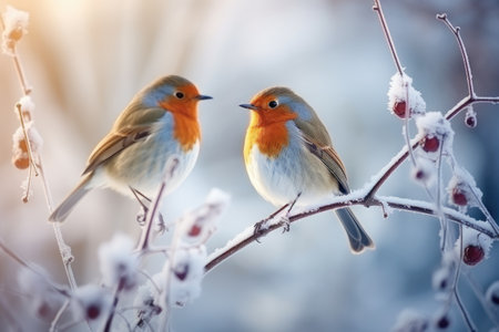 Two Robins in a Wintry Dance, Perched on Snow-Dusted Berries - A Harmony of Nature by Generative AIの素材