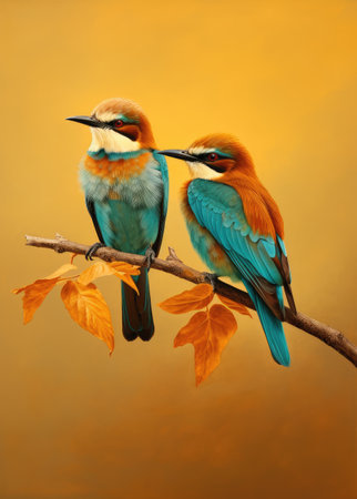 Vibrant Bee-Eater Duo on a Blossomed Branch Against Golden Hues by Generative AIの素材