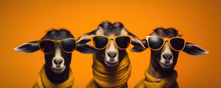 Three Goats in Sunglasses: A Quirky Fashion Statement in a Vibrant Yellow by Generative AIの素材