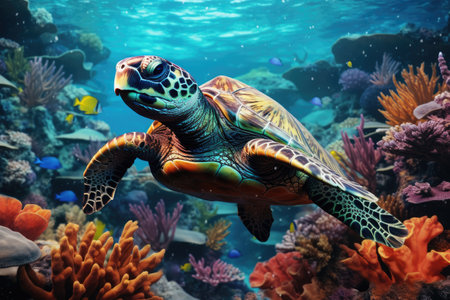 Vibrant Sea Turtle Gliding Through a Coral Paradise in the Depths of the Ocean by Generative AIの素材