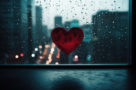 Heart Reflection on Rainy Window: City Lights and Love's Melancholy by Generative AIの素材