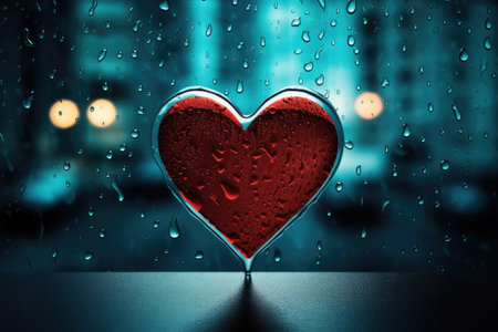 Heart Reflection on Rainy Window: City Lights and Love's Melancholy by Generative AIの素材