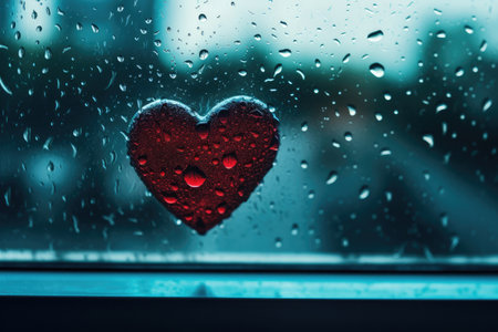 Heart Reflection on Rainy Window: City Lights and Love's Melancholy by Generative AIの素材