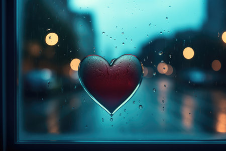 Heart Reflection on Rainy Window: City Lights and Love's Melancholy by Generative AIの素材
