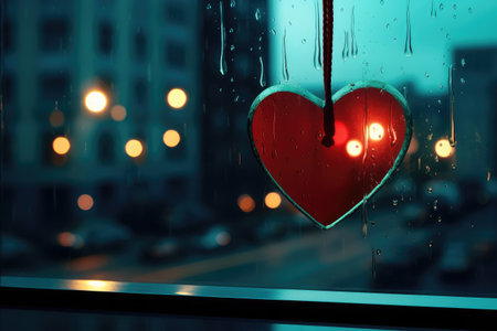Heart Reflection on Rainy Window: City Lights and Love's Melancholy by Generative AIの素材