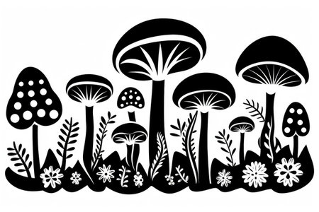 Mystical Monochrome Mushroom and Foliage Illustration - Nature's Artwork by Generative AIの素材