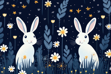 Enchanting Easter Bunny and Egg Pattern with Spring Florals on Dark by Generative AIの素材