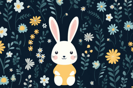 Enchanting Easter Bunny and Egg Pattern with Spring Florals on Dark by Generative AIの素材