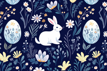 Enchanting Easter Bunny and Egg Pattern with Spring Florals on Dark by Generative AIの素材