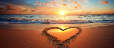 Sunrise Embrace: A Heart Drawn in Sand at Dawn's Light - Love and Nature by Generative AIの素材
