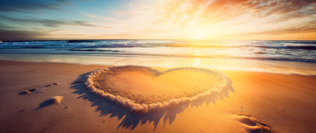 Sunrise Embrace: A Heart Drawn in Sand at Dawn's Light - Love and Nature by Generative AIの素材