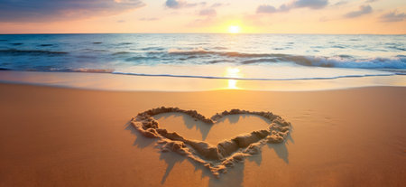 Sunrise Embrace: A Heart Drawn in Sand at Dawn's Light - Love and Nature by Generative AIの素材