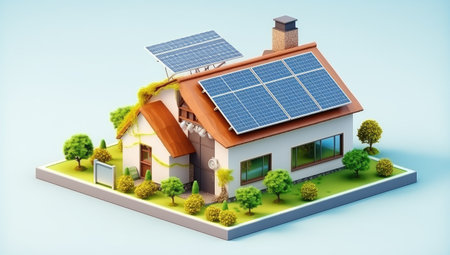 Modern Eco-Friendly Home with Solar Panels Overlooking a Pool by Generative AIの素材