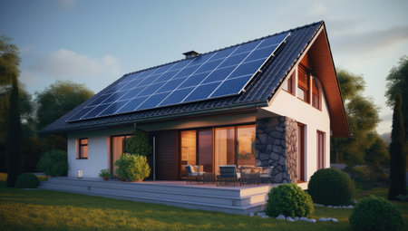 Modern Eco-Friendly Home with Solar Panels Overlooking a Pool by Generative AIの素材