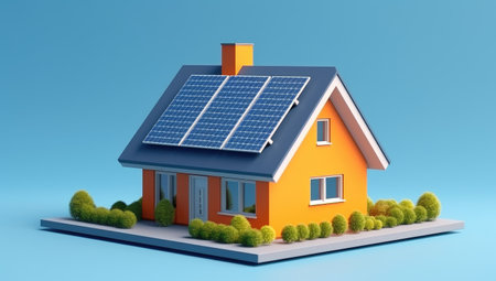 Modern Eco-Friendly Home with Solar Panels Overlooking a Pool by Generative AIの素材