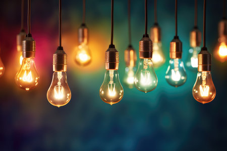 Illuminating Ideas: Vintage Light Bulbs Dangle with Warm Glow by Generative AIの素材