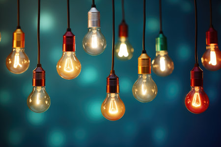 Illuminating Ideas: Vintage Light Bulbs Dangle with Warm Glow by Generative AIの素材