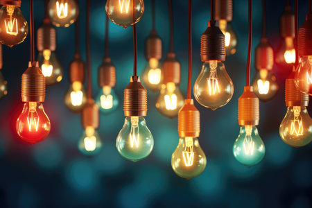 Illuminating Ideas: Vintage Light Bulbs Dangle with Warm Glow by Generative AIの素材